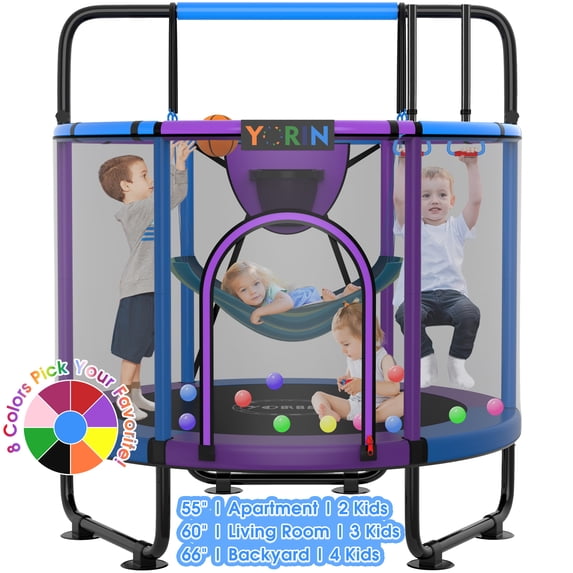 YORIN Trampoline for Kids, 55'' Mini Trampoline for Toddlers with Swing, Enclosure Net and Basketball Hoop, 4.5FT Indoor/Outdoor Kids Round Trampoline with Adjustable Gymnastics Bars, Gifts for Kids