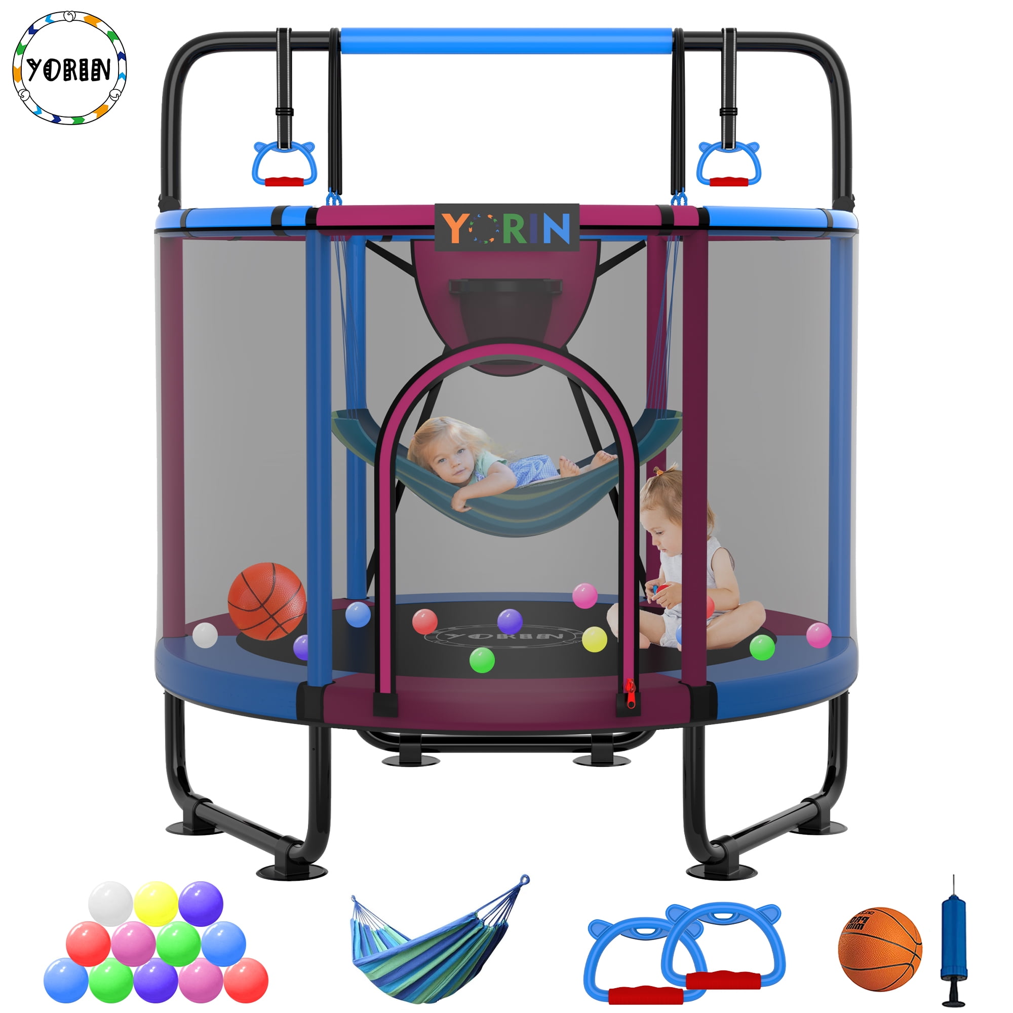 YORIN Trampoline for Kids, 55'' Toddler Mini Trampoline with Enclosure Net, Basketball Hoop, 4.5FT Indoor/Outdoor Kids Trampoline with Swing, Adjustable Gymnastics Bars, Gifts for Boys Girls, 500LBS