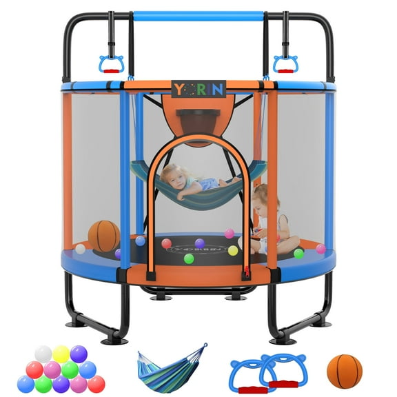 YORIN Trampoline for Kids, 55'' Toddler Mini Trampoline with Enclosure Net, Basketball Hoop, 4.5FT Indoor/Outdoor Kids Trampoline with Swing, Adjustable Gymnastics Bars, Gifts for Boys Girls, 500LBS