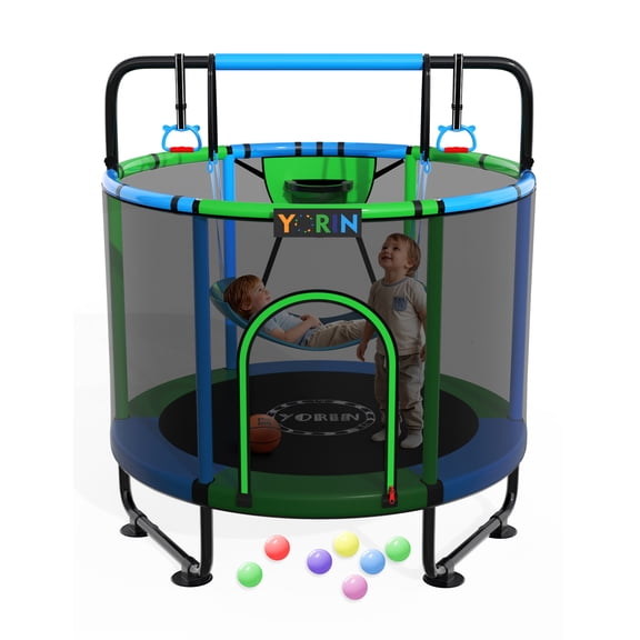 YORIN Trampoline for Kids, 55'' Toddler Mini Trampoline with Enclosure Net, Basketball Hoop, 4.5FT Indoor/Outdoor Kids Trampoline with Swing, Adjustable Gymnastics Bars, Gifts for Boys Girls, 500LBS