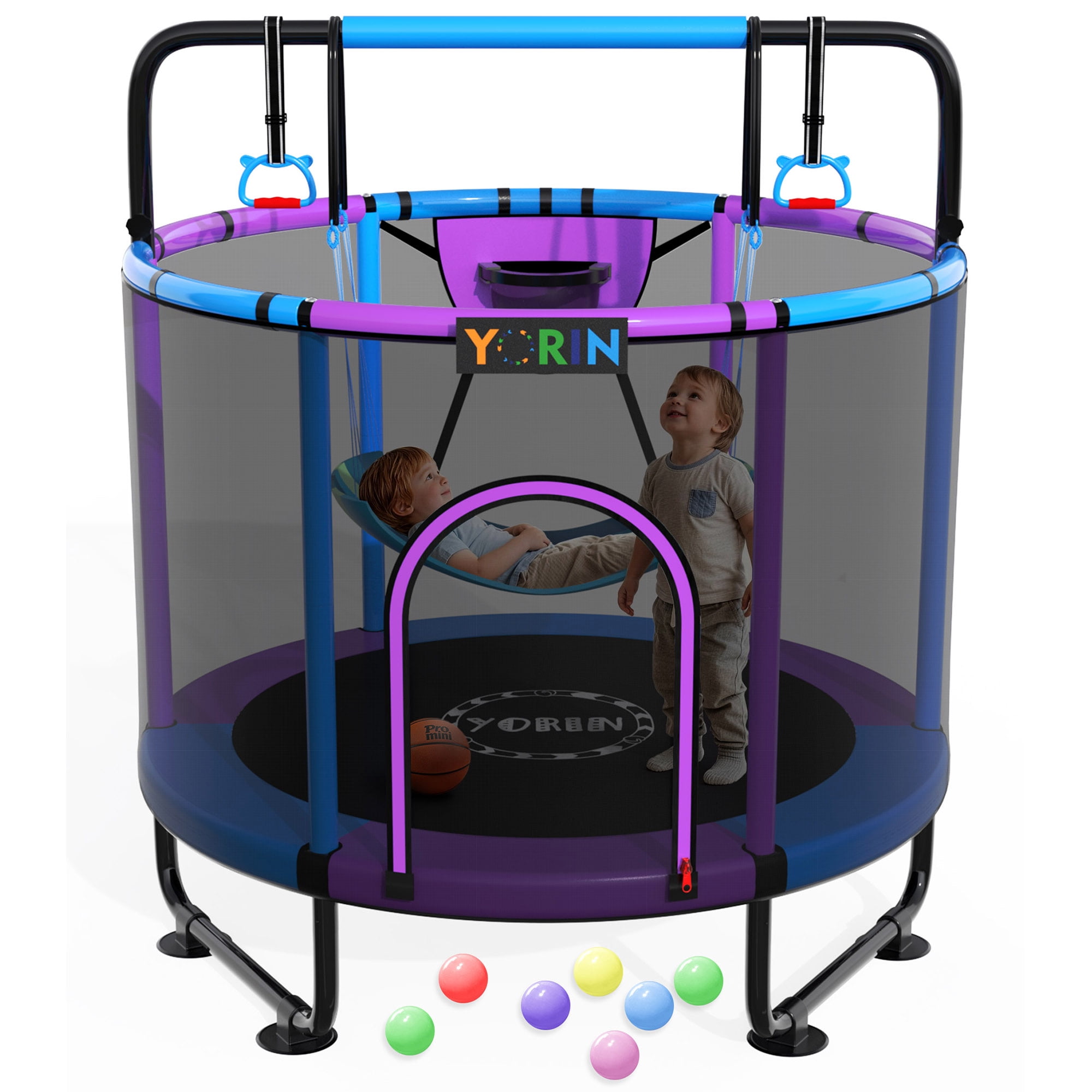 YORIN 55'' Kids Trampoline with Enclosure, Basketball Hoop