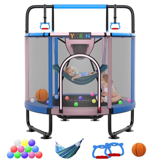 YORIN Trampoline for Kids, 55'' Toddler Mini Trampoline with Enclosure Net, Basketball Hoop, 4.5FT Indoor/Outdoor Kids Trampoline with Swing, Adjustable Gymnastics Bars, Gifts for Boys Girls, 500LBS