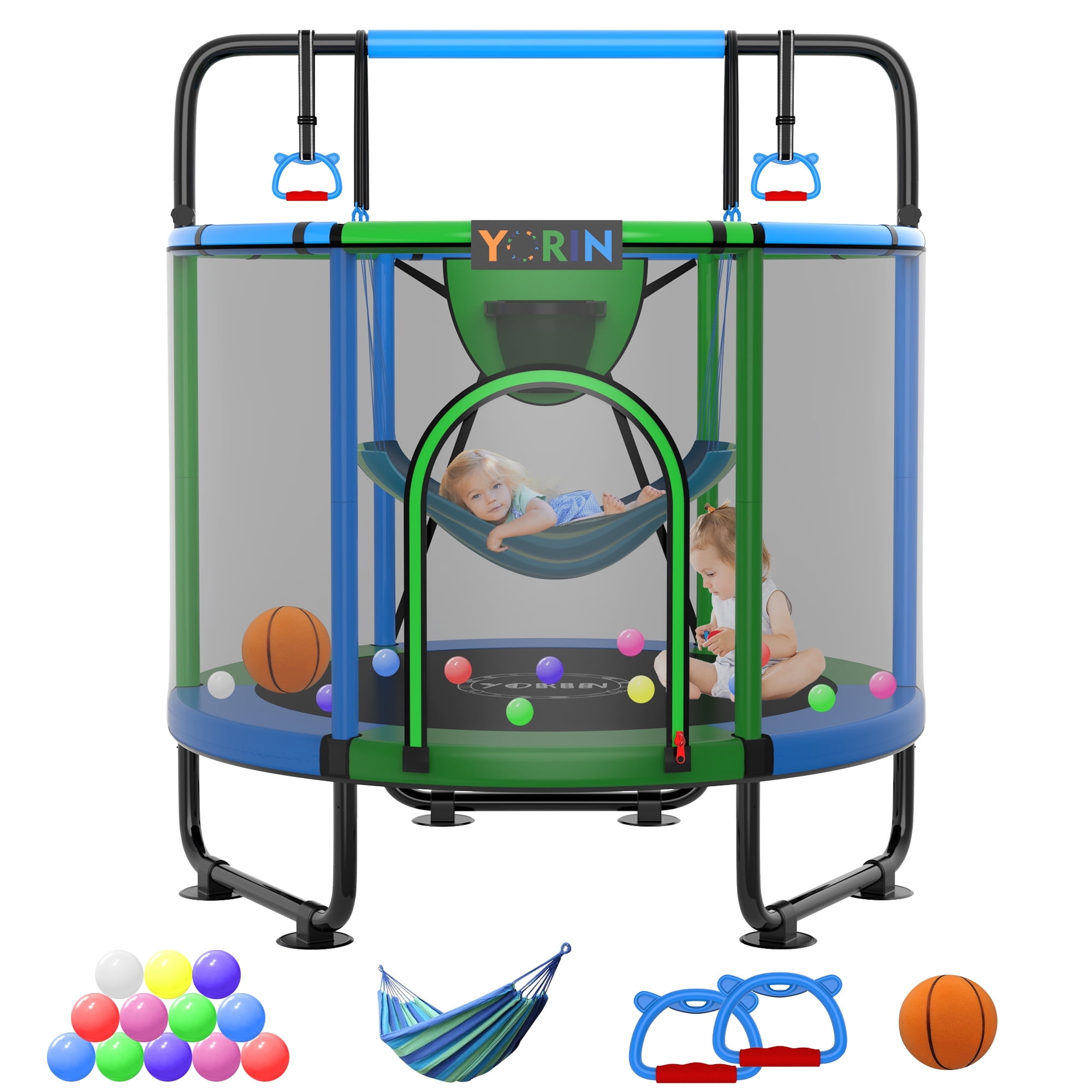 YORIN Trampoline for Kids, 55'' Toddler Mini Trampoline with Enclosure Net, Basketball Hoop, 4.5FT Indoor/Outdoor Kids Trampoline with Swing, Adjustable Gymnastics Bars, Gifts for Boys Girls, 500LBS