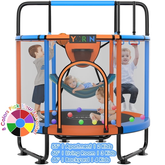 YORIN Trampoline for Kids, 60'' Mini Trampoline for Toddlers with Swing, Enclosure Net and Basketball Hoop, Indoor/Outdoor Kids Round Trampoline with Adjustable Gymnastics Bars, Gifts for Boys Girls