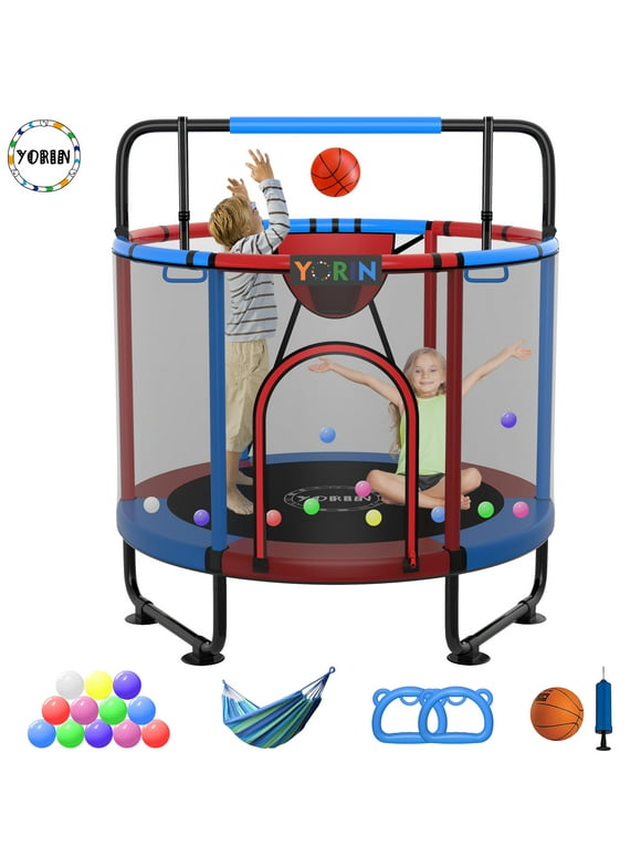 YORIN Trampoline for Kids, 60'' Toddler Mini Trampoline with Enclosure Net, Basketball Hoop, 5FT Indoor/Outdoor Kids Trampoline with Swing, Adjustable Gymnastics Bars, Gifts for Boys & Girls, 600LBS