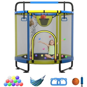 YORIN Trampoline for Kids, 60'' Toddler Mini Trampoline with Enclosure Net, Basketball Hoop, 5FT Indoor/Outdoor Kids Trampoline with Swing, Adjustable Gymnastics Bars, Gifts for Boys & Girls, 600LBS