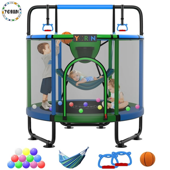 YORIN Trampoline for Kids, 5FT Toddler Mini Trampoline with Enclosure Net, Basketball Hoop, 60'' Indoor/Outdoor Kids Trampoline with Swing, Adjustable Gymnastics Bars, Gifts for Boys & Girls, 600LBS