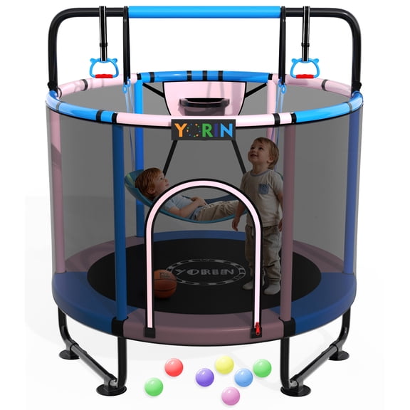 YORIN Trampoline for Kids, 5FT Toddler Mini Trampoline with Enclosure Net, Basketball Hoop, 60'' Indoor/Outdoor Kids Trampoline with Swing, Adjustable Gymnastics Bars, Gifts for Boys & Girls, 600LBS