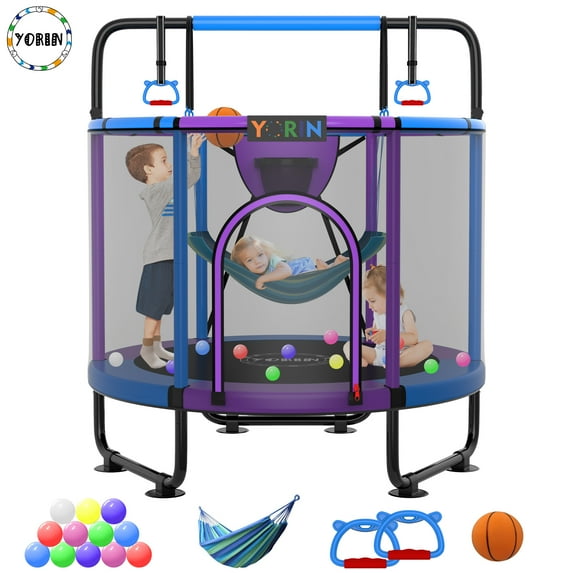 YORIN Trampoline for Kids, 5FT Toddler Mini Trampoline with Enclosure Net, Basketball Hoop, 60'' Indoor/Outdoor Kids Trampoline with Swing, Adjustable Gymnastics Bars, Gifts for Boys & Girls, 600LBS