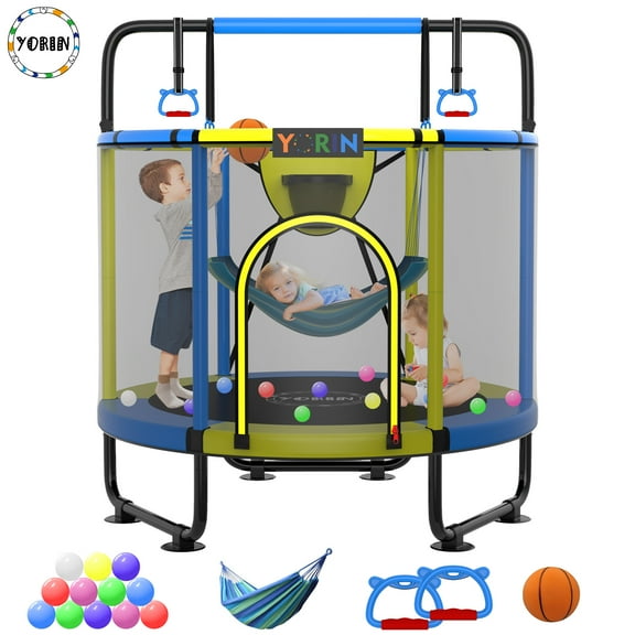 YORIN Trampoline for Kids, 5FT Toddler Mini Trampoline with Enclosure Net, Basketball Hoop, 60'' Indoor/Outdoor Kids Trampoline with Swing, Adjustable Gymnastics Bars, Gifts for Boys & Girls, 600LBS