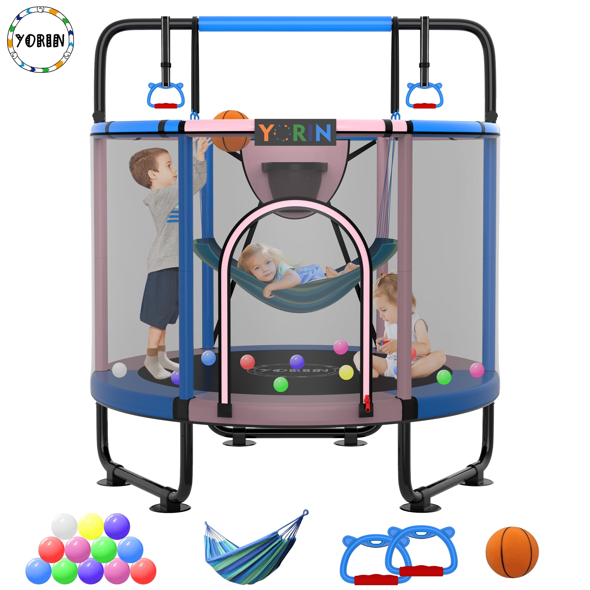 Walmart promo code:  Walmart Black Friday Deals 2025 - YORIN Trampoline for Kids, 5FT Toddler Mini Trampoline with Enclosure Net, Basketball Hoop, 60'' Indoor/Outdoor Kids Trampoline with Swing, Adjustable Gymnastics Bars, Gifts for Boys & G