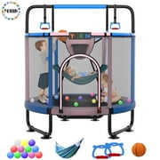 YORIN Trampoline for Kids, 60" 55" 66" Toddler Mini Trampoline with Enclosure Net, Basketball Hoop, 5FT Indoor/Outdoor Kids Trampoline with Swing, Adjustable Gymnastics Bars, Gifts for Kids, 600LBS