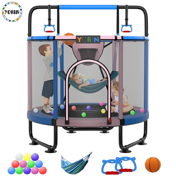 YORIN Trampoline for Kids, 5FT Toddler Mini Trampoline with Enclosure Net, Basketball Hoop, 60'' Indoor/Outdoor Kids Trampoline with Swing, Adjustable Gymnastics Bars, Gifts for Boys & Girls, 600LBS