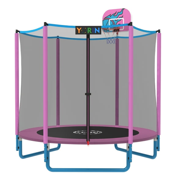 YORIN Trampoline for Kids, 66'' Mini Trampoline for Toddlers with Enclosure Net and Basketball Hoop, 5.5FT Indoor/Outdoor Kids Round Trampoline Gifts for Kids Ages 1-8, No-Gap Spring Cover