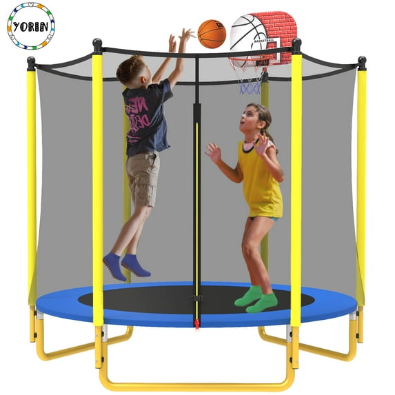 YORIN Trampoline for Kids, 66'' Mini Trampoline for Toddlers with Enclosure Net and Basketball Hoop, 5.5FT Indoor/Outdoor Kids Round Trampoline Gifts for Kids Ages 1-8, No-Gap Spring Cover