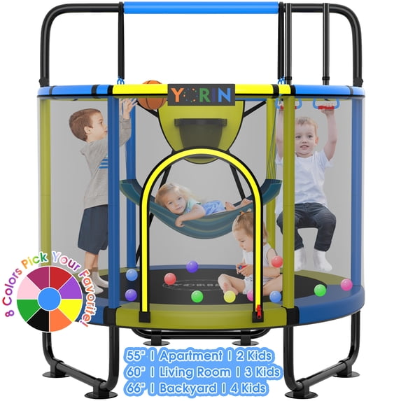 YORIN Trampoline for Kids, 66'' Mini Trampoline for Toddlers with Swing, Enclosure Net and Basketball Hoop, 5.5FT Indoor/Outdoor Kids Round Trampoline with Adjustable Gymnastics Bars, Gifts for Kids