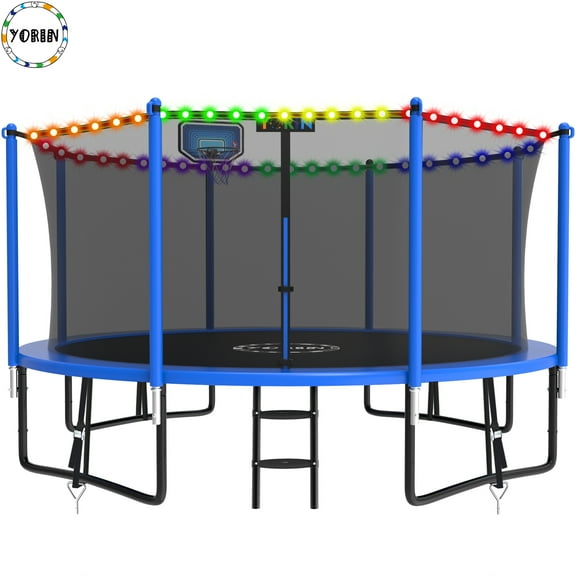 YORIN Trampoline with Trampoline Light, 1200LBS 12FT Trampoline for 5-6 Kids Adults, Recreational Trampoline with Basketball Hoop, Ladder, Galvanized Outdoor Heavy Duty Trampoline