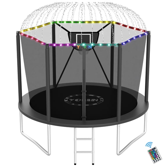 YORIN Trampolines Outdoor with Sprinkler and Lights, 1000LBS 10FT Trampoline for Kids and Adults, Backyard Heavy Duty Trampoline with Enclosure Net, Basketball Hoop, Ladder, Birthday Gift