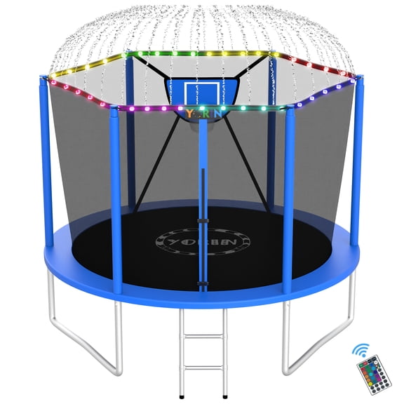 YORIN Trampolines Outdoor with Sprinkler and Lights, 1000LBS 10FT Trampoline for Kids and Adults, Backyard Heavy Duty Trampoline with Enclosure Net, Basketball Hoop, Ladder, Birthday Gift