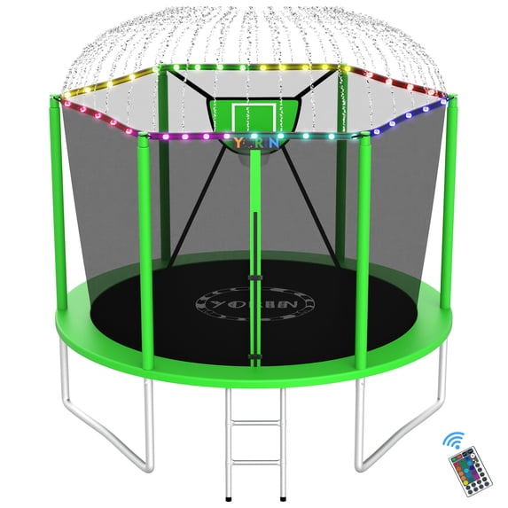 YORIN Trampolines Outdoor with Sprinkler and Lights, 1000LBS 10FT Trampoline for Kids and Adults, Backyard Heavy Duty Trampoline with Enclosure Net, Basketball Hoop, Ladder, Birthday Gift
