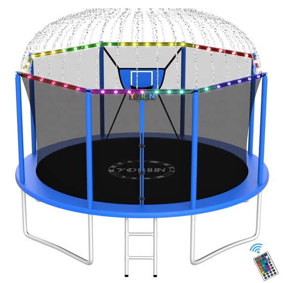 YORIN Trampolines Outdoor with Sprinkler and Lights, 1200LBS 12FT Trampoline for Kids and Adults, Backyard Heavy Duty Trampoline with Enclosure Net, Basketball Hoop, Ladder, Birthday Gift