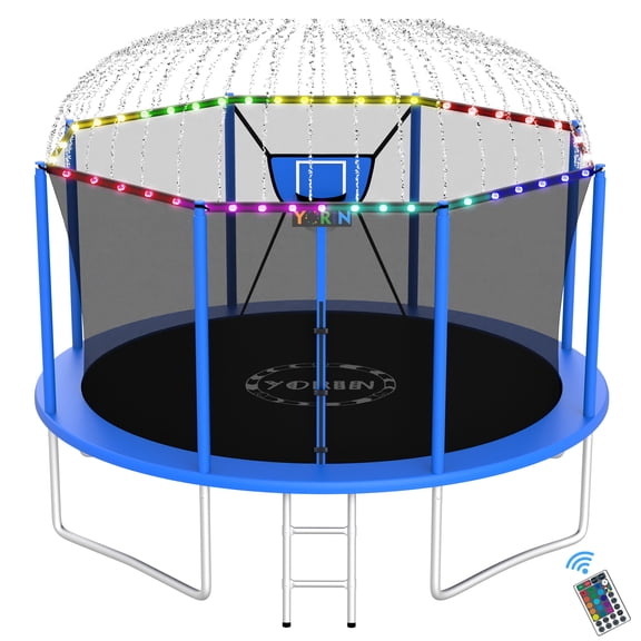 YORIN Trampolines Outdoor with Sprinkler and Lights, 1200LBS 12FT Trampoline for Kids and Adults, Backyard Heavy Duty Trampoline with Enclosure Net, Basketball Hoop, Ladder, Birthday Gift