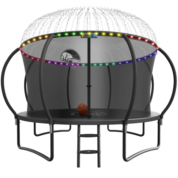 YORIN Trampolines Outdoor with Sprinkler and Lights, 2026 UPGRADED 1200LBS 12FT Trampoline for 5-6 Kids Adults with Enclosure Net, Basketball Hoop, Ladder, Heavy Duty Trampoline, Birthday Gift