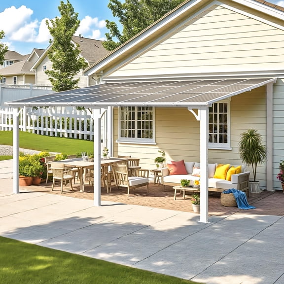 YOSADIER 12' x 16' Wall Mounted Gazebo Pergola, Lean-to Awnings for Patio with Sloped Roof, Outdoor Awnings for Deck Backyard, White