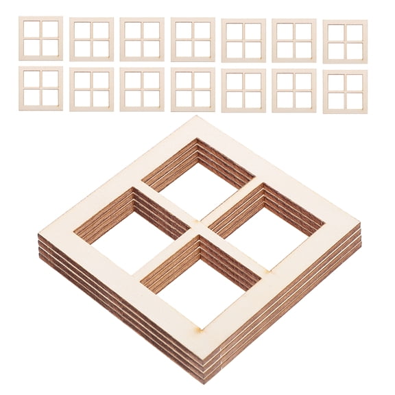 YOSADIER 24Pcs Square Miniature Dollhouse Window Beige Wooden Decor Supplies for Craft Projects