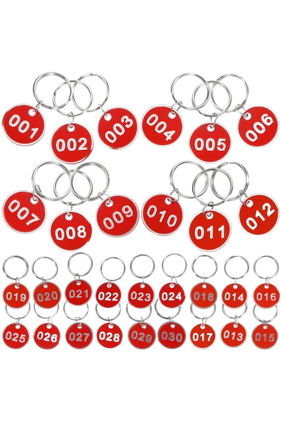 30-Pack Portable Red Round Numbered Key Tags with Keyrings for Easy Hanging and Quick Identification
