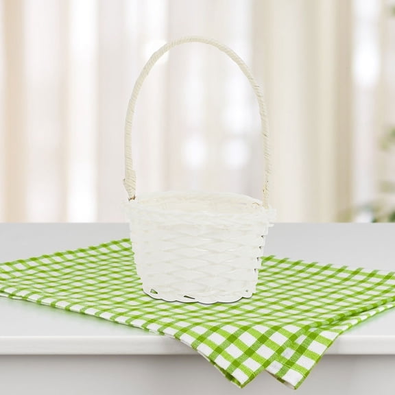 YOSADIER 5Pcs Small White Plastic Rattan Basket Handwoven Fruit Storage Accessory with Bamboo Detail