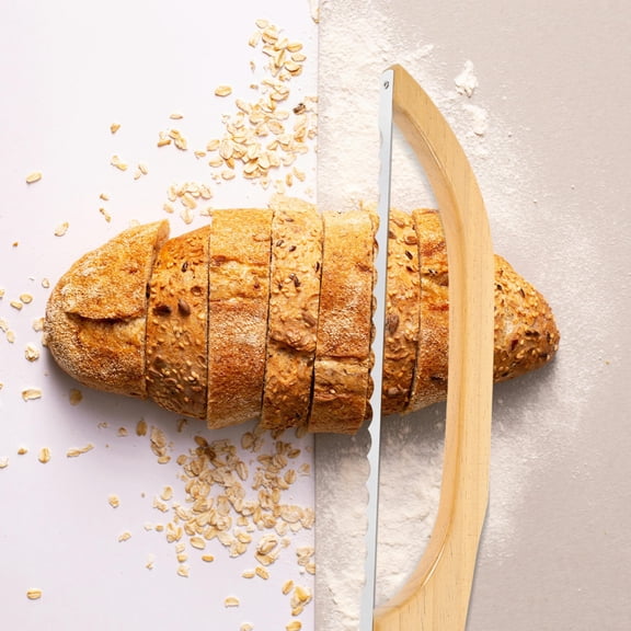YOSADIER Ergonomic Bread Slicer with Khaki Wooden Handle and Stainless Steel Blade Kitchen Cutting Tool