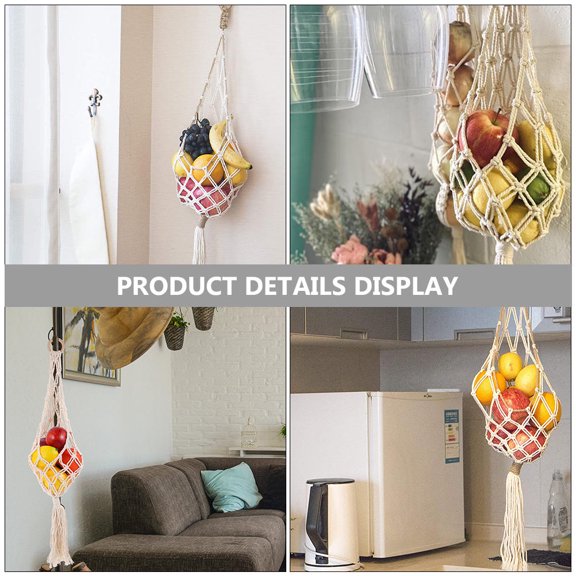 YOSADIER Macrame Hanging Fruit Basket in Beige for Kitchen Wall Mounted Vegetable Storage