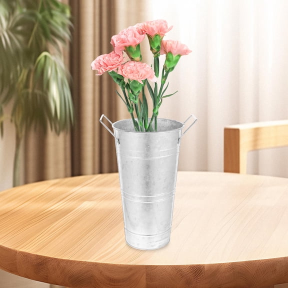 YOSADIER Metal Flower Vase Plated Silver Rustic Style Iron Bucket for Plant Display and Photo Prop