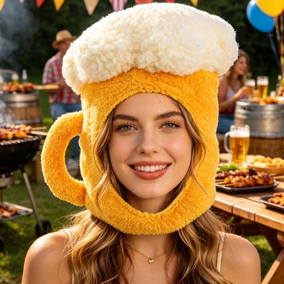 YOSADIER Plush Beer Mug Hat Yellow Soft Funny Party Headwear for Birthday Bar Carnival Themed Events