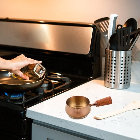 YOSADIER Rose Gold Stainless Steel Condiment Cup with Wood Handle for Precise Sauce Serving