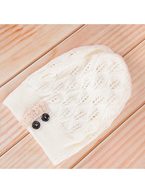 White Lace Button Cap, Stylish Knit Winter Hats, Comfortable and Durable