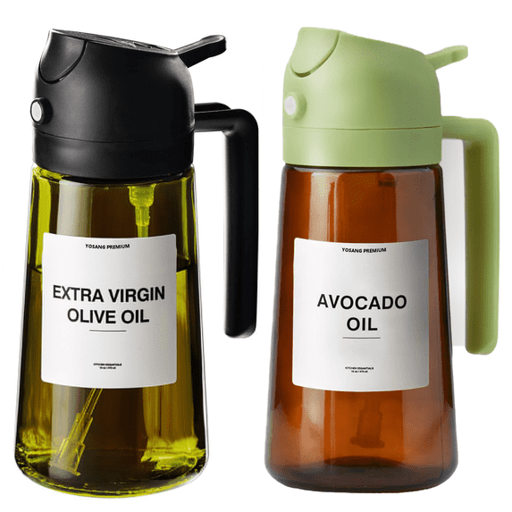 YOSANG PRE 16oz/470ml Light-Blocking Dark Oil Sprayer for Cooking, 2 in 1 Olive Oil Dispenser Bottle for Kitchen, Premium Dark Green Glass Oil Bottle, Food-Grade Oil Mister for Air Fryer, BBQ (Black)