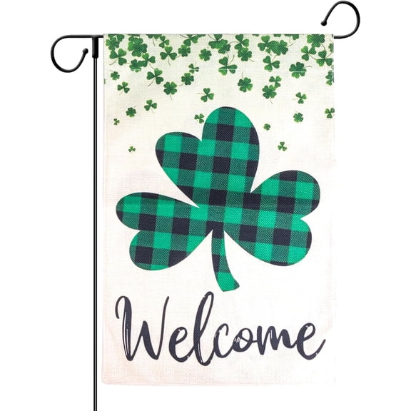 St Patricks Day Garden Flag Rustic Green Buffalo Plaid Shamrock Double-Sided Burlap 12x18 Inches Outdoor Decoration
