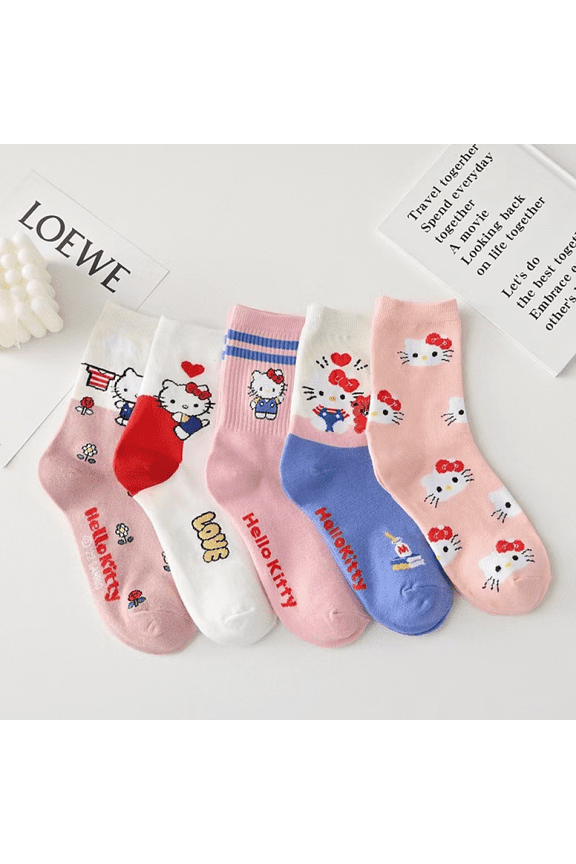 YOSENING 5-Pack Hello Kitty Socks for Girls - Pink Kawaii Cartoon Mid-Calf Tube Socks, Soft & Comfortable Anime Crew Socks for Kids, Women, Teens QQH624-1720