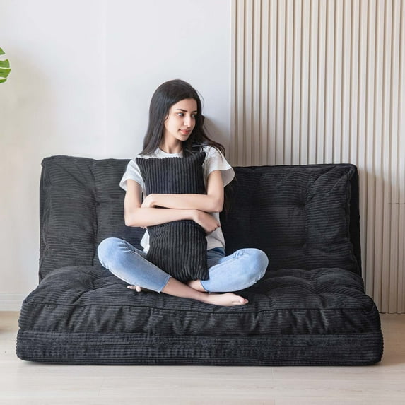 YOSHOOT Bean Bag Bed Folding Sofa Couch with Pillows Floor Mattress for Adults, Extra Thick and Long Floor Sofa, Full Floor Couch Bed for Bedroom Living Room, Black, 30x91 Inch