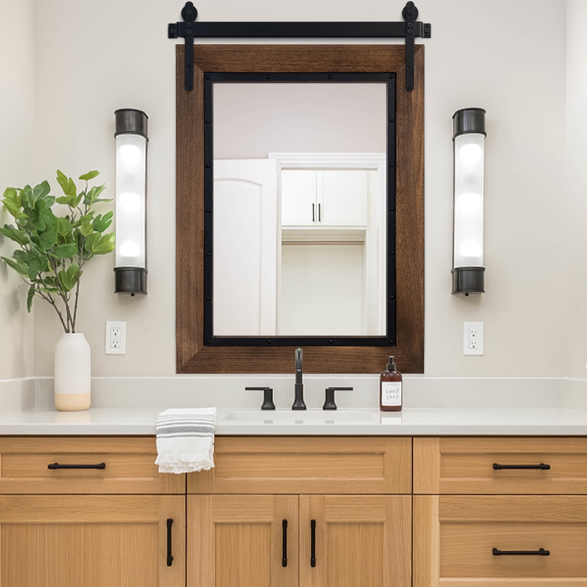Rustic Barn Door Style Wood Bathroom Vanity Mirror, 32" x 24"