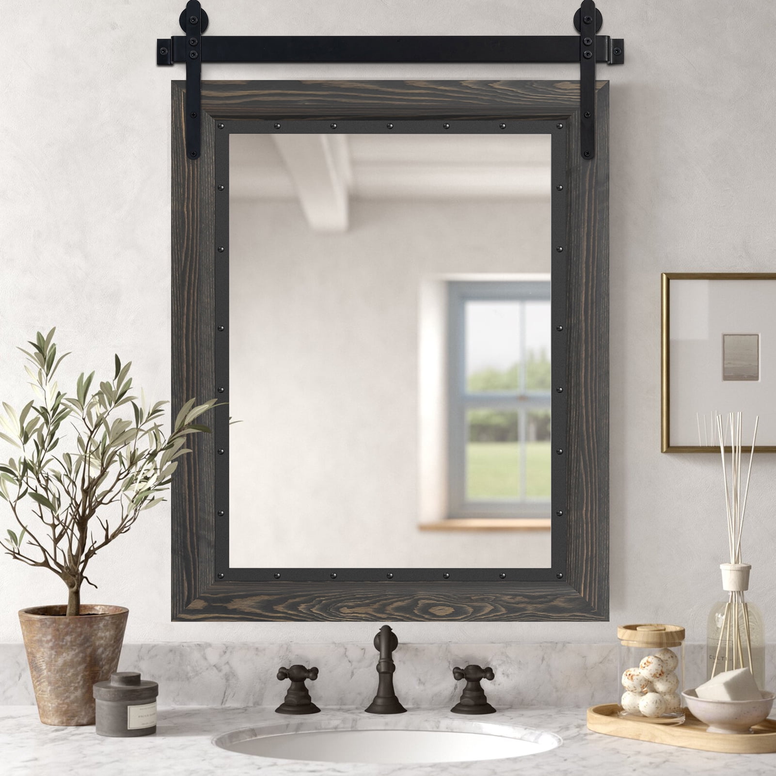 YOSHOOT Farmhouse Large Rectangle Antique Barn Door Mirror, 32"x24 ...