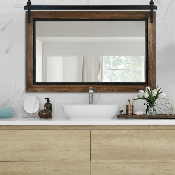 YOSHOOT Farmhouse Barn Door Mirror,40"x26" Rustic Bathroom Mirror, Wood