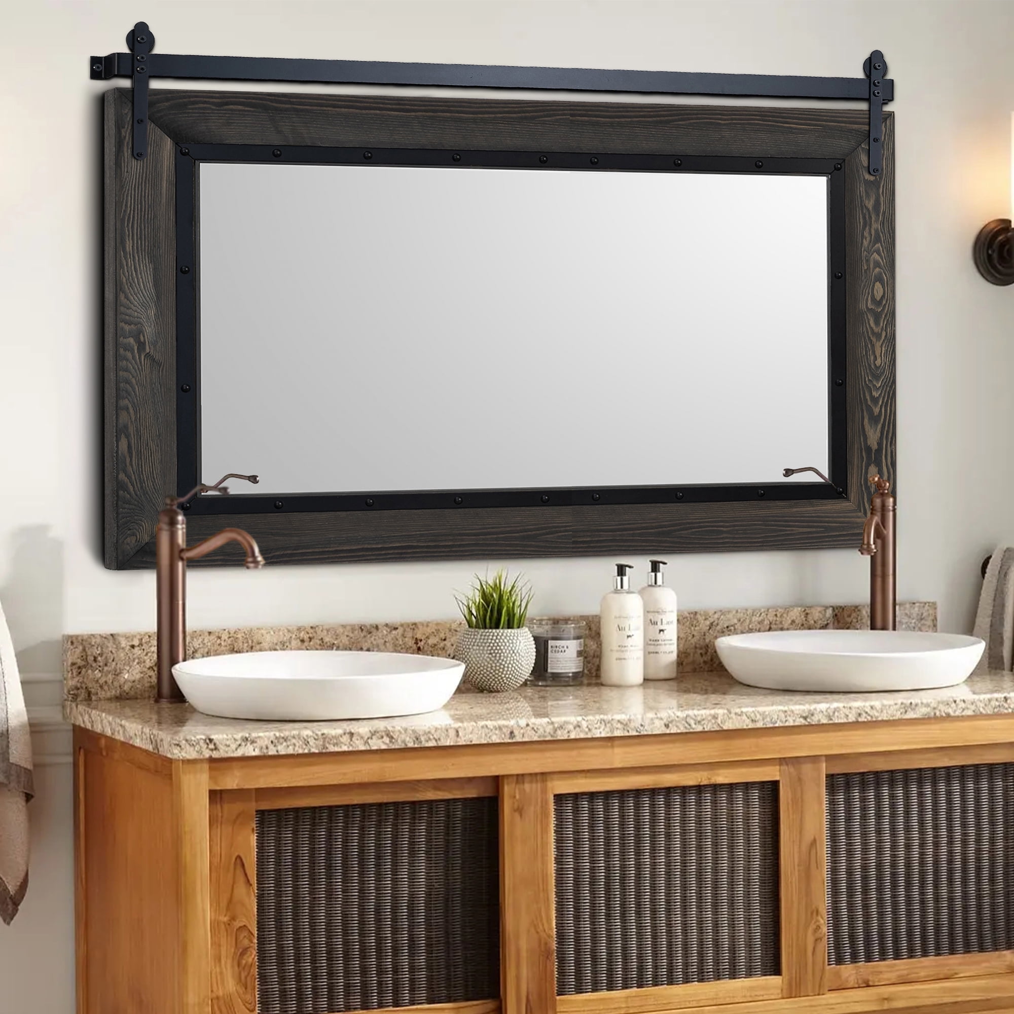 YOSHOOT Farmhouse Barn Door Mirror,40"x26" Rustic Bathroom Mirror, Wood ...