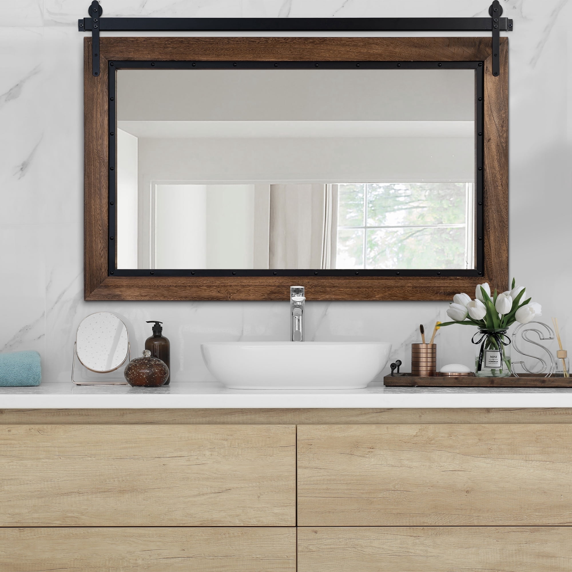 YOSHOOT Farmhouse Barn Door Mirror,48"x30" Rustic Bathroom Mirror, Wood ...