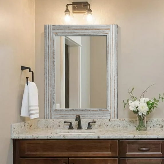 YOSHOOT Hand-Made Wooden Spliced Wall Mirror for Bathroom, Bedroom FarmhouseMirrors for Wall Decor, Decorative Wood Wall Mirror Living Room or Bathroom Vanity, White Grey,32x24