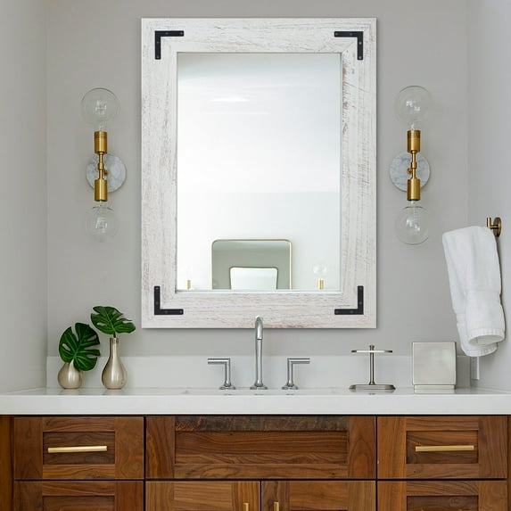 YOSHOOT Rustic Wooden Framed Wall Mirror,Decorative Wood Wall Mirror for Living Room or Bathroom Vanity,Rectangle Hanging Mirror Home Wall Decor White Grey 32*24