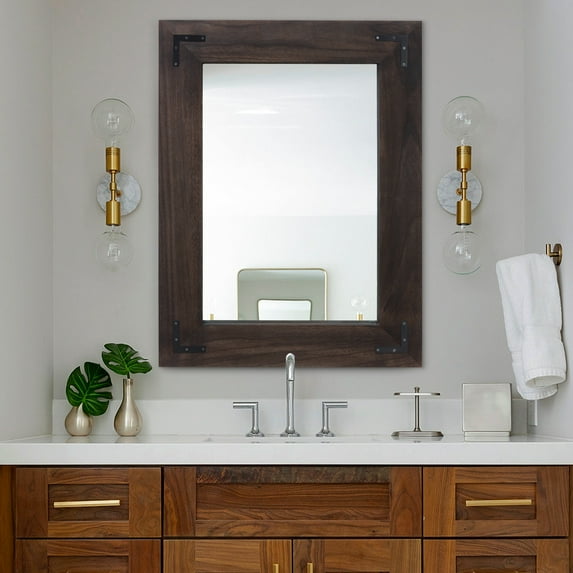 YOSHOOT Rustic Wooden Framed Wall Mirror,Decorative Wood Wall Mirror for Living Room or Bathroom Vanity,Rectangle Hanging Mirror Home Wall DecorBlack 32*24