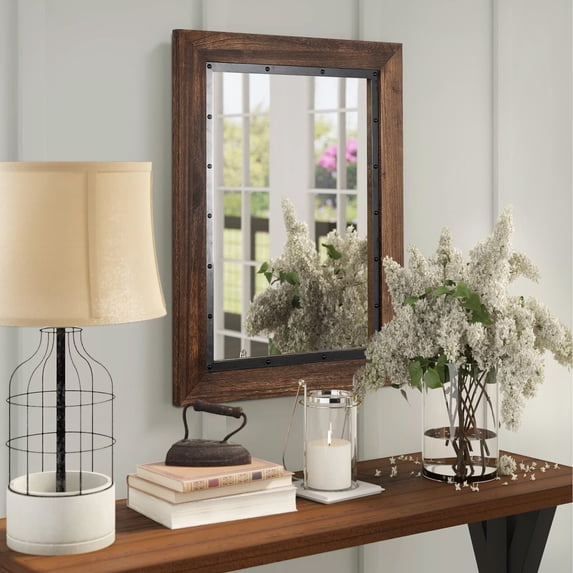 YOSHOOT Rustic Wooden Framed Wall Mirror, Natural Wood and Iron Bathroom Vanity Mirror for Farmhouse Decor,Vertical or Horizontal Hanging,26*18"